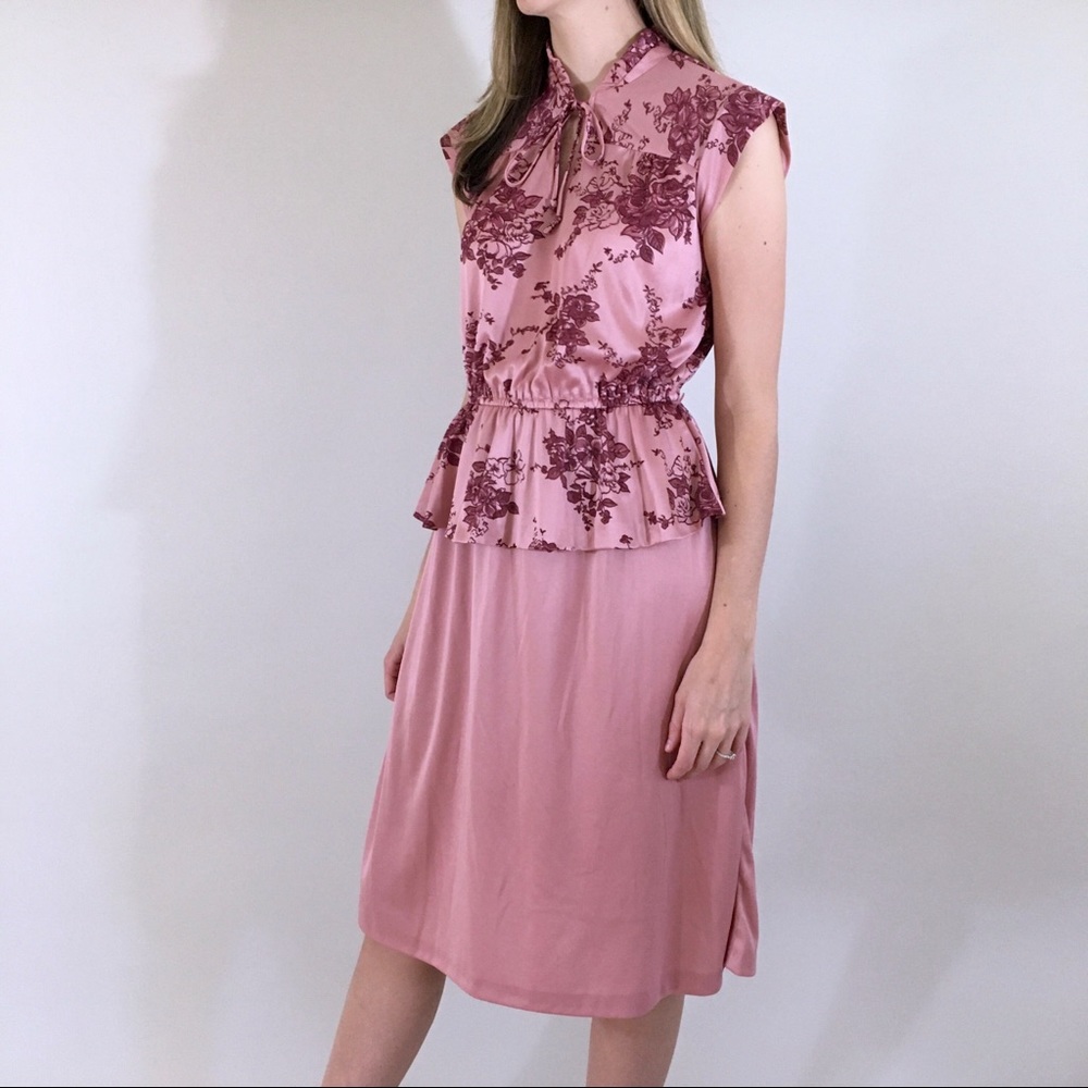 70s Vintage Pink Peplum Knee Length Dress